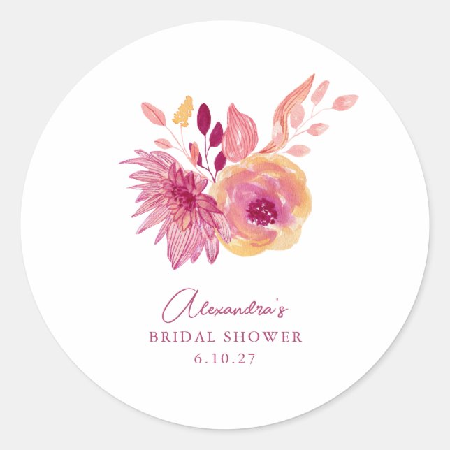 Adesivo Chá de Bebê Boho Aquarela Flores Vermelhas Magenta (Frente)