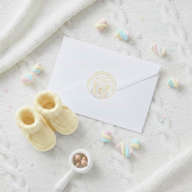 Adesivo Chá de Bebê Borboleta Amarela Doce Marshmallow (Sweet Butterfly Yellow Marshmallow Baby Shower Classic Round Sticker)