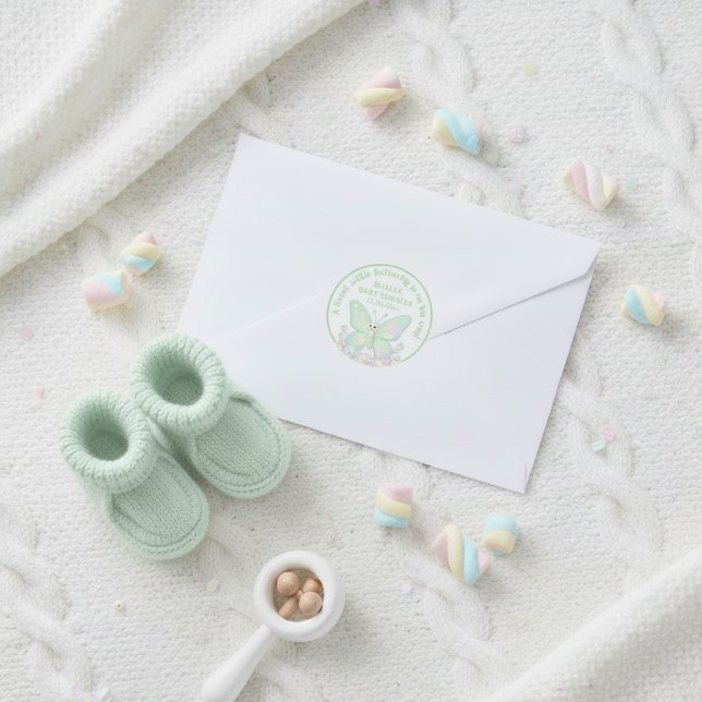 Adesivo Chá de Bebê Borboleta de Marshmallow Verde Menta (Mint Green Marshmallow Butterfly Baby Shower Classic Round Sticker)