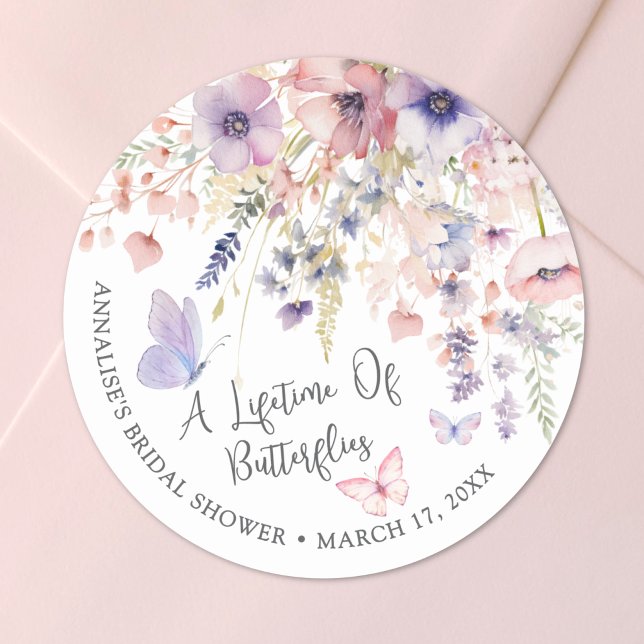Adesivo Chá de Bebê Borboleta Flor Silvestre (Butterfly Wildflower Bridal Shower Classic Round Sticker )