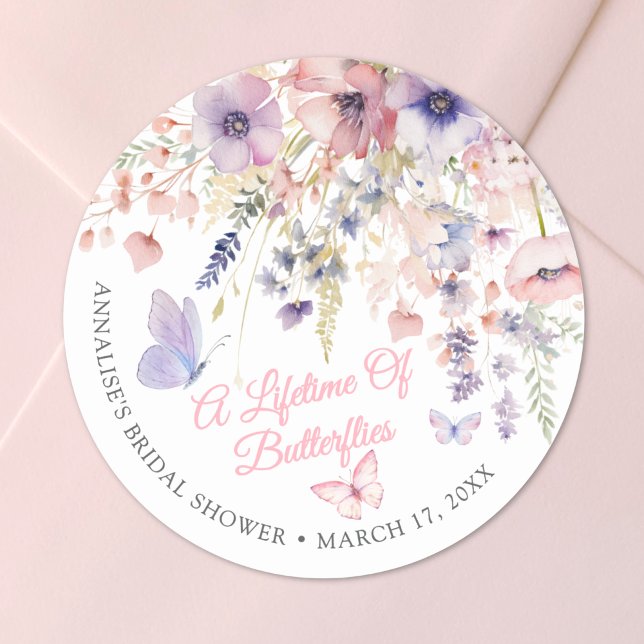 Adesivo Chá de Bebê Borboleta Flor Silvestre (Butterfly Wildflower Bridal Shower Classic Round Sticker)