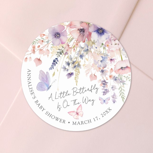 Adesivo Chá de Bebê Borboleta Flor Silvestre (Butterfly Wildflower Baby Shower Classic Round Sticker)