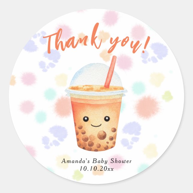 Adesivo Chá de Bebê Bubble Tea Aquarela Obrigado (Frente)