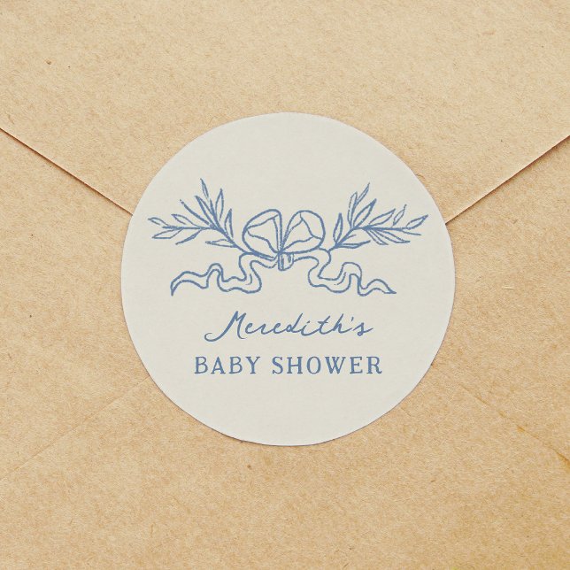 Adesivo Chá de Bebê com Fita Botânica Azul (Blue Botanical Ribbon Baby Shower Classic Round Sticker)