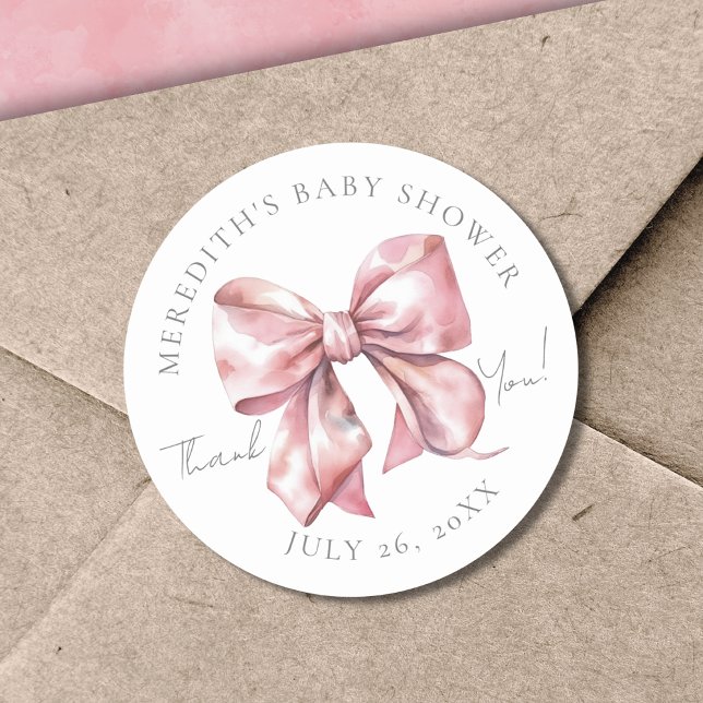 Adesivo Chá de Bebê com Laço Rosa (Pink Bow Baby Shower Thank You Classic Round Sticker)