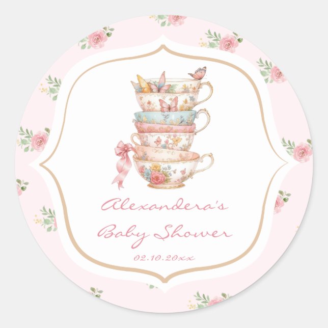 Adesivo Chá de Bebê com Tema de Festa Floral Rosa (Frente)