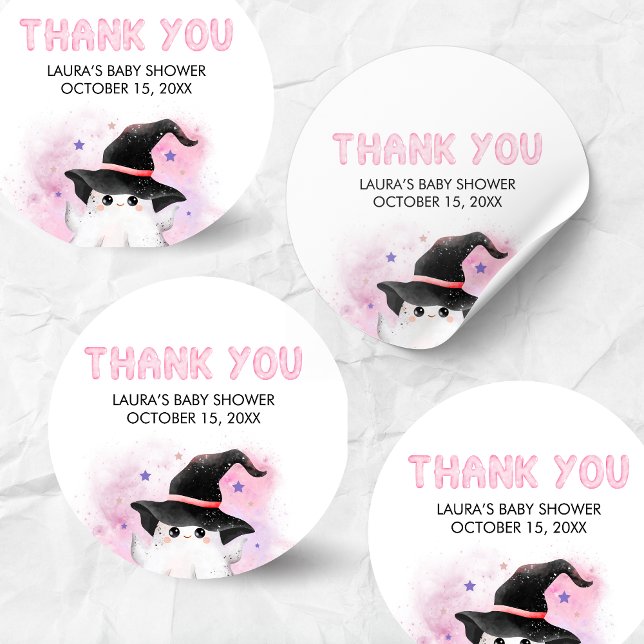 Adesivo Chá de Bebê da Bruxinha Fantasminha Rosa (Little Boo Halloween Baby Shower Round Sticker)