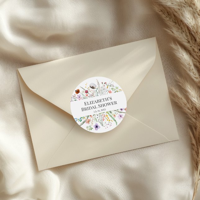 Adesivo Chá de Bebê da Noiva no Prado de Flores Silvestres (Wildflower Meadow Bridal Shower Classic Round Sticker on an elegant neutral envelope.)