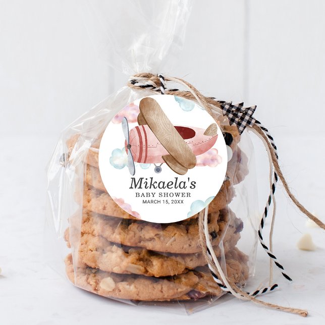 Adesivo Chá de Bebê de Avião Antigo Rosa Agradecimento (Criador carregado)