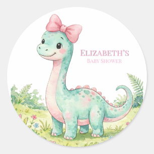 Adesivo Chá de Bebê de Dinossauro Fofo com Laço Rosa