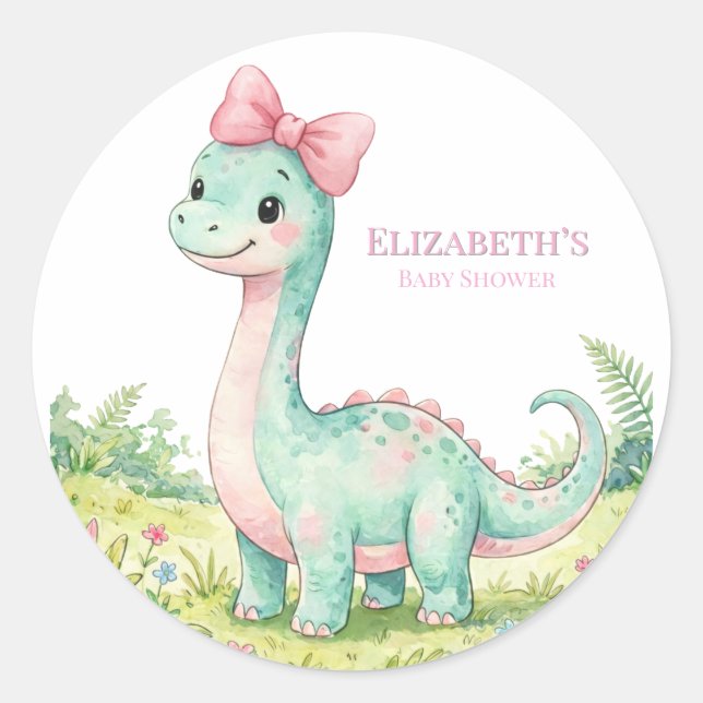 Adesivo Chá de Bebê de Dinossauro Fofo com Laço Rosa (Frente)