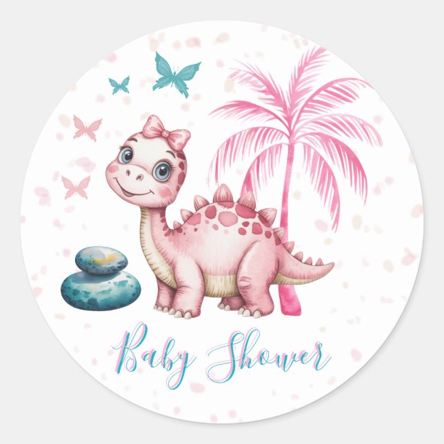 Adesivo Chá de Bebê de Dinossauro Rosa Fofo (Frente)