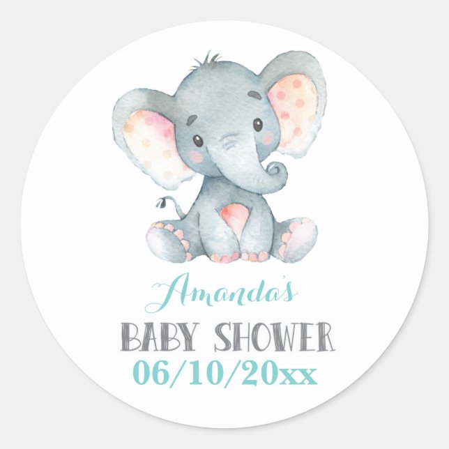 Adesivo Chá de Bebê de Elefante Aqua e Cinza (Frente)