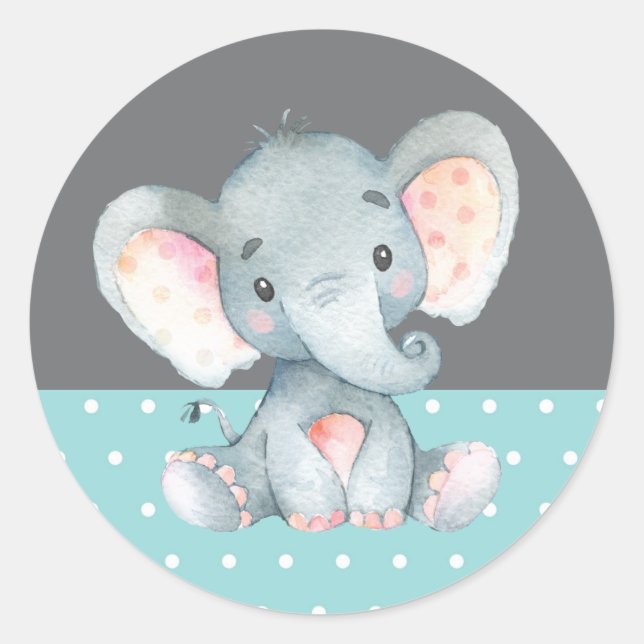 Adesivo Chá de Bebê de Elefante Aqua e Cinza (Frente)