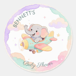 Adesivo Chá de Bebê de Elefante de Avião em Aquarela 