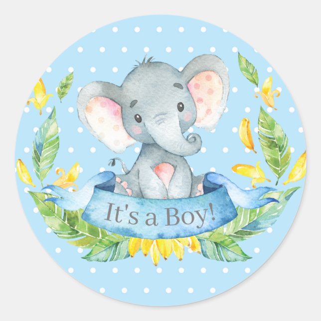 Adesivo Chá de Bebê de Elefante Menino Azul (Frente)