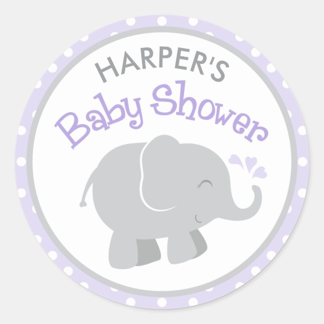 Adesivo Chá de Bebê de Elefante Roxo e Cinza (Frente)