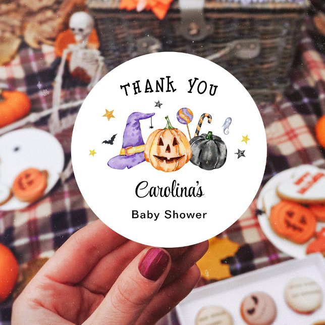 Adesivo Chá de Bebê de Halloween Obrigado (Criador carregado)