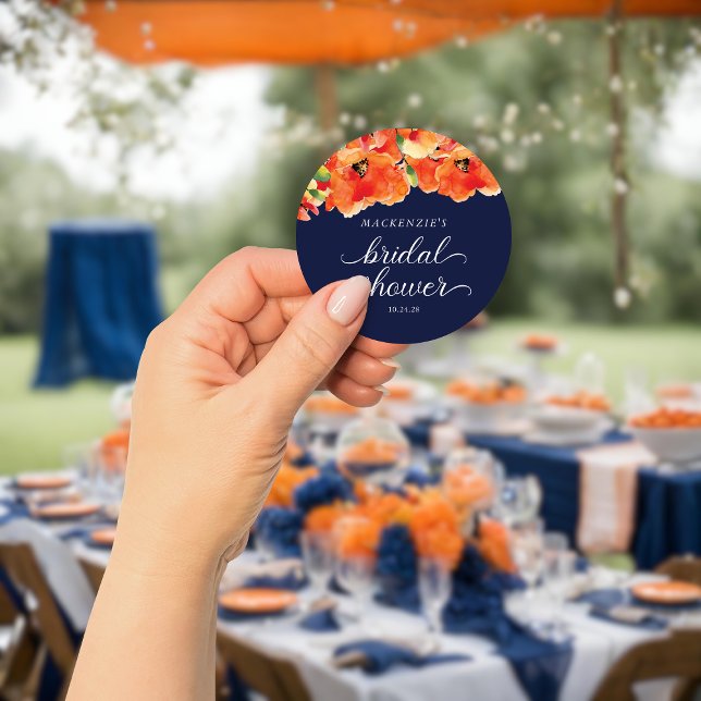 Adesivo Chá de Bebê de Noiva Azul Naval Elegante com Papou (Elegant Navy Blue Golden Poppy Bridal Shower Classic Round Sticker)