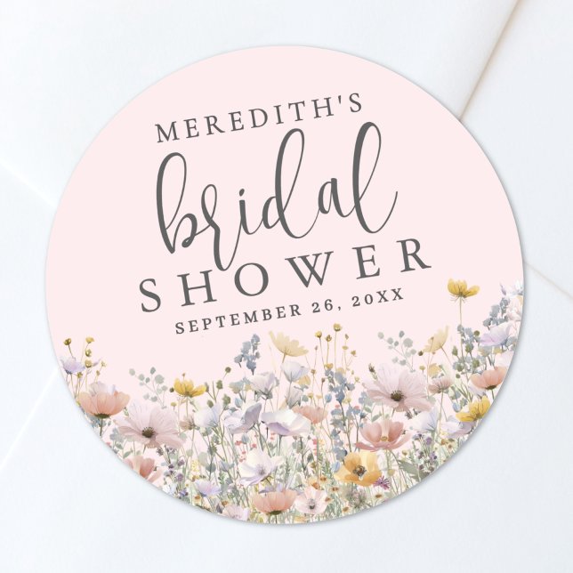 Adesivo Chá de Bebê de Noiva Rosa Flores Silvestres (Wildflower Blush Pink Bridal Shower Classic Round Sticker )