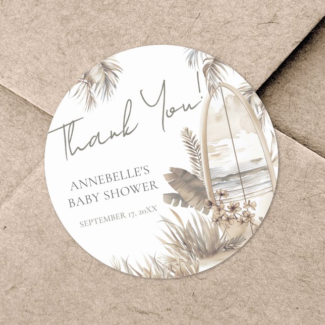 Adesivo Chá de Bebê de Praia Obrigado Bebê a Bordo (Baby On Board Thank You Baby Shower Classic Round Sticker)