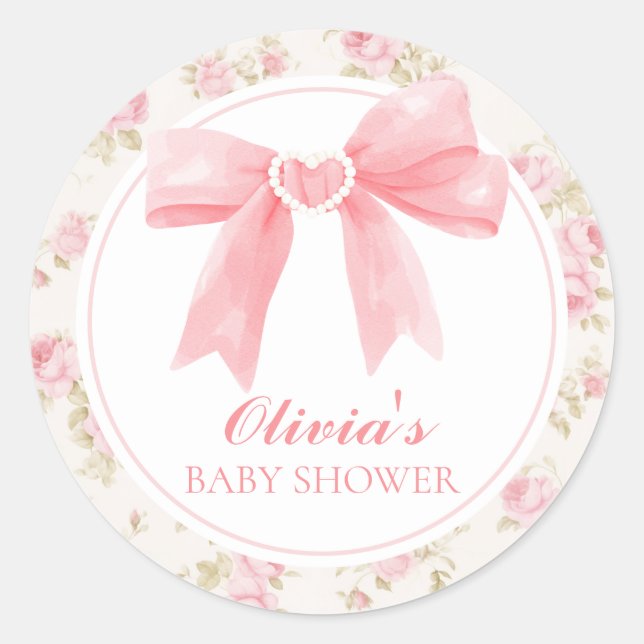 Adesivo Chá de bebê delicado com laço rosa e rosas (Frente)