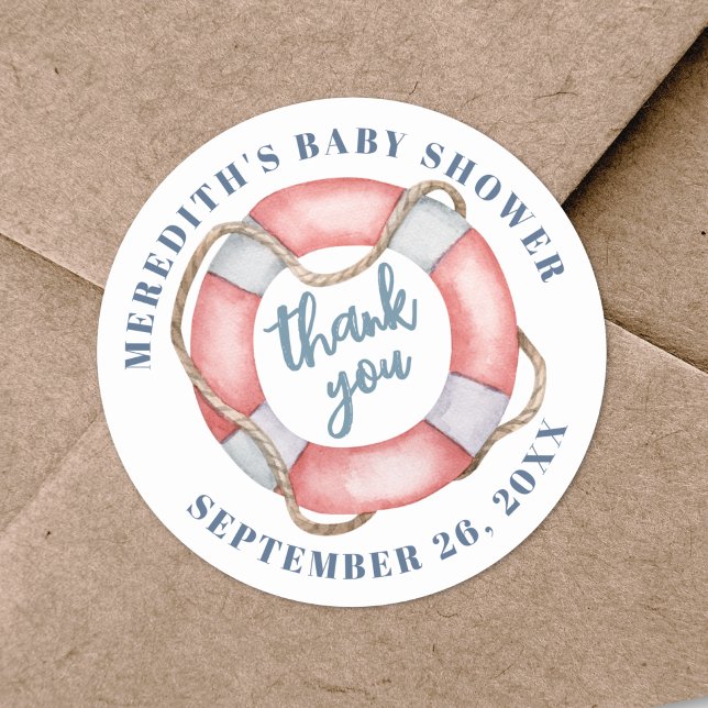 Adesivo Chá de Bebê do Anel de Vida Náutico (Nautical Lifesaver Baby Shower Classic Round Sticker)