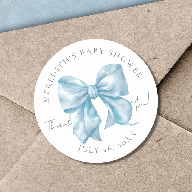 Adesivo Chá de Bebê do Arco Azul (Blue Bow Baby Shower Classic Round Sticker)