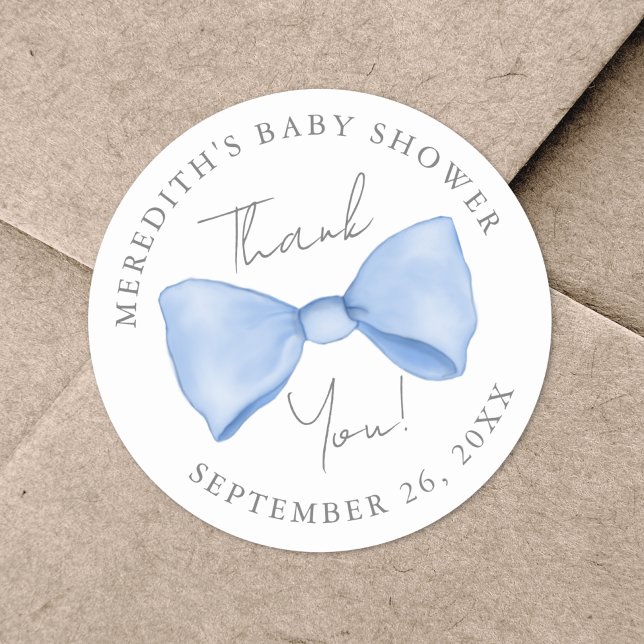 Adesivo Chá de Bebê do Laço Azul (Blue Bow Baby Shower Classic Round Sticker )