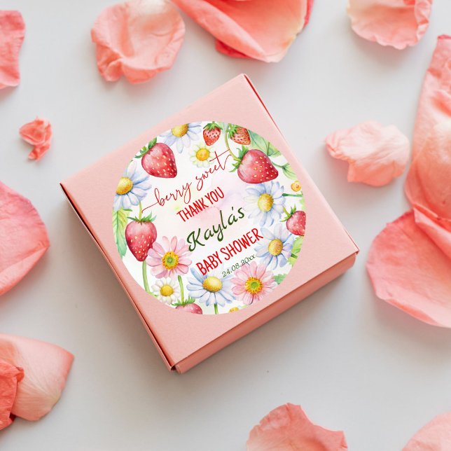 Adesivo Chá de bebê do morango doce agradecimento personal (Berry sweet summer garden strawberry baby shower thank you favor stickers berry sweet thank you)