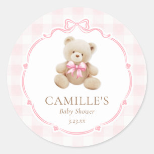 Adesivo Chá de Bebê do Ursinho de Gingham Rosa