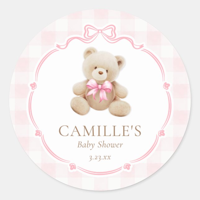 Adesivo Chá de Bebê do Ursinho de Gingham Rosa (Frente)