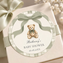 Chá de Bebê do Ursinho Gingham Verde Salvia Préppy