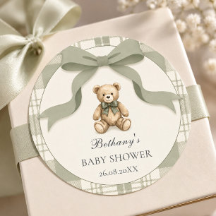 Adesivo Chá de Bebê do Ursinho Gingham Verde Salvia Préppy