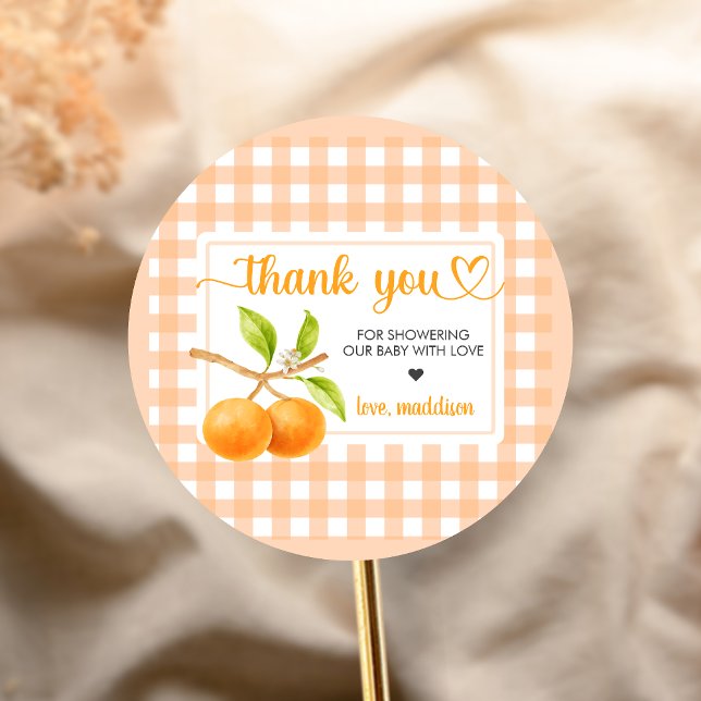 Adesivo Chá de Bebê em Xadrez Laranja (Little Cutie Orange Baby Shower Sticker)