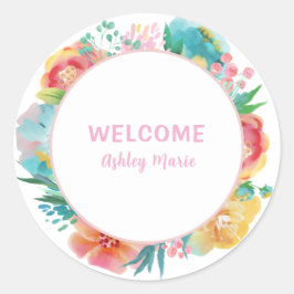 Adesivo Chá de Bebê Floral Aquarela Rosa Personalizável C