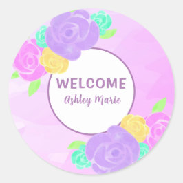 Adesivo Chá de Bebê Floral Aquarela Roxa Personalizável 
