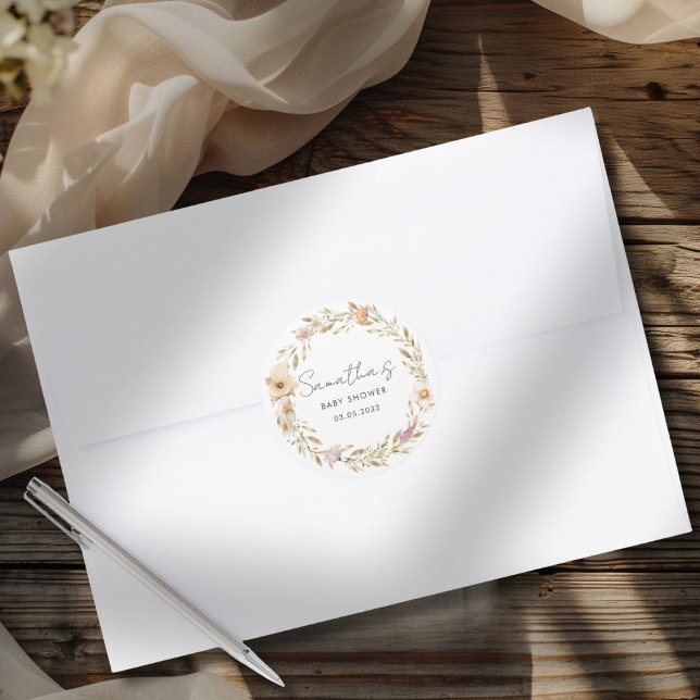 Adesivo Chá de Bebê Floral Boho (Boho Flower Baby Shower Custom Classic Round Sticker with your Name & Date. For Baby Girl & Baby Boy)