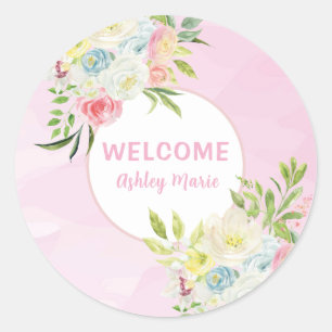 Adesivo Chá de Bebê Floral em Aquarela Rosa Personalizável