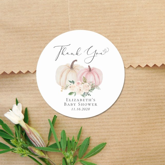 Adesivo Chá De Bebê Floral Rosa-Pumpkin Obrigado (Criador carregado)