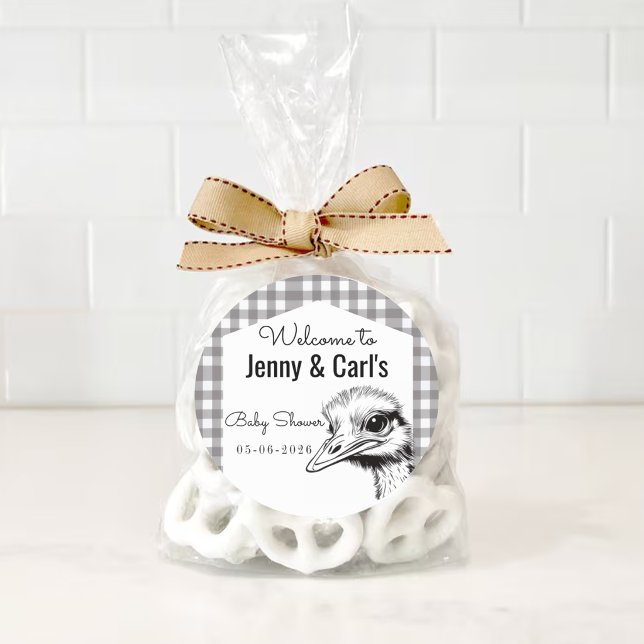 Adesivo Chá de Bebê Grey Gingham Avestruz Fofa (Criador carregado)