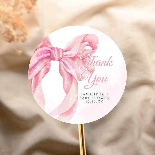 Adesivo Chá de Bebê Menina com Laço Rosa (Pink Bow Coquette Girl Baby Shower Sticker)