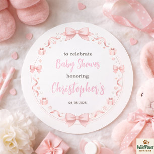 Adesivo Chá de Bebê Menina com Laço Rosa - Festa Divertida