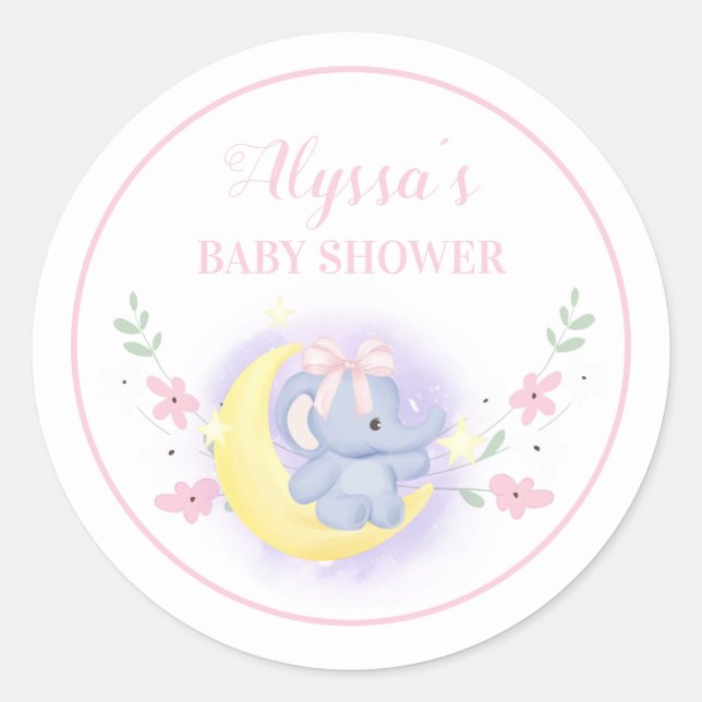Adesivo Chá de Bebê Menina Elefante Azul Rosa Fofa Lua (Frente)