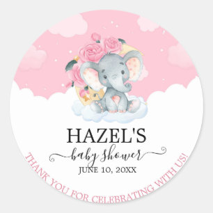 Adesivo Chá de Bebê Menina Elefante Floral Rosa Obrigado