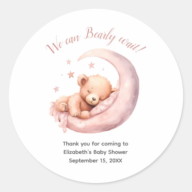 Adesivo Chá de Bebê Menina Urso Rosa Lua Quase Esperando C (Frente)