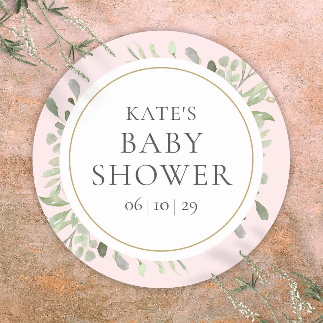 Adesivo Chá de Bebê Menina Verde Água Rosa (Watercolor Greenery Pink Girl Baby Shower Classic Round Sticker)
