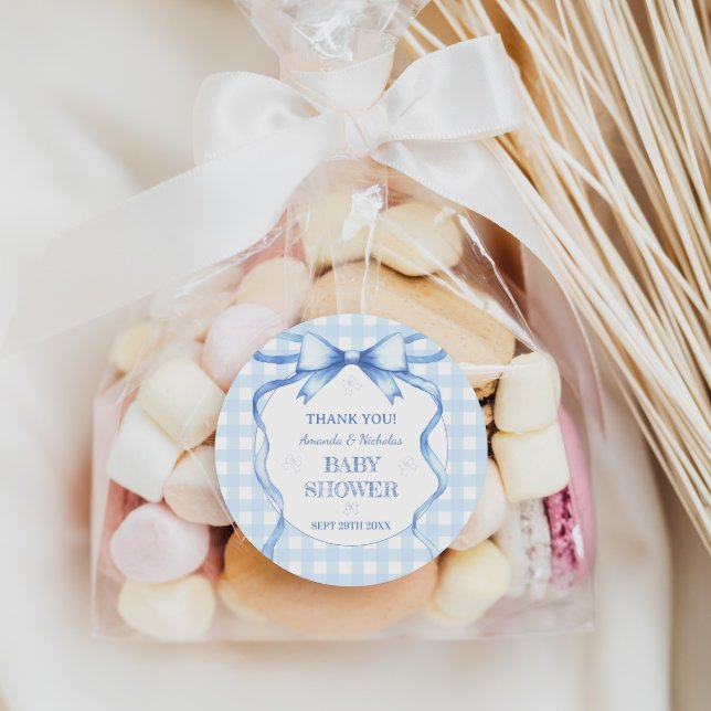 Adesivo Chá de Bebê Menino Azul Xadrez Arco de Aguarela (Criador carregado)