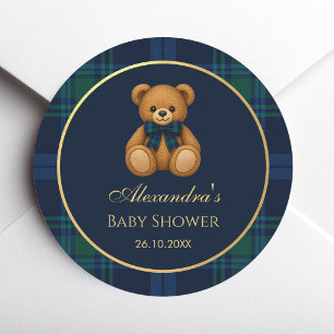 Adesivo Chá de Bebê Menino Urso Teddy Azul Marinho Xadrez