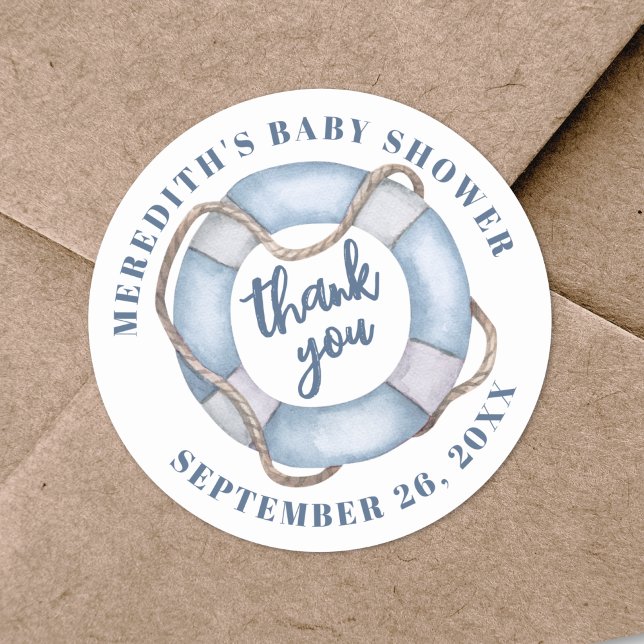 Adesivo Chá de Bebê Náutico Obrigado (Nautical Baby Shower Thank You Classic Round Sticker )